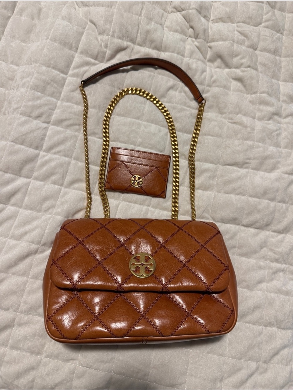 Tory Burch Cognac Quilted Leather Crossbody with Gold Chain